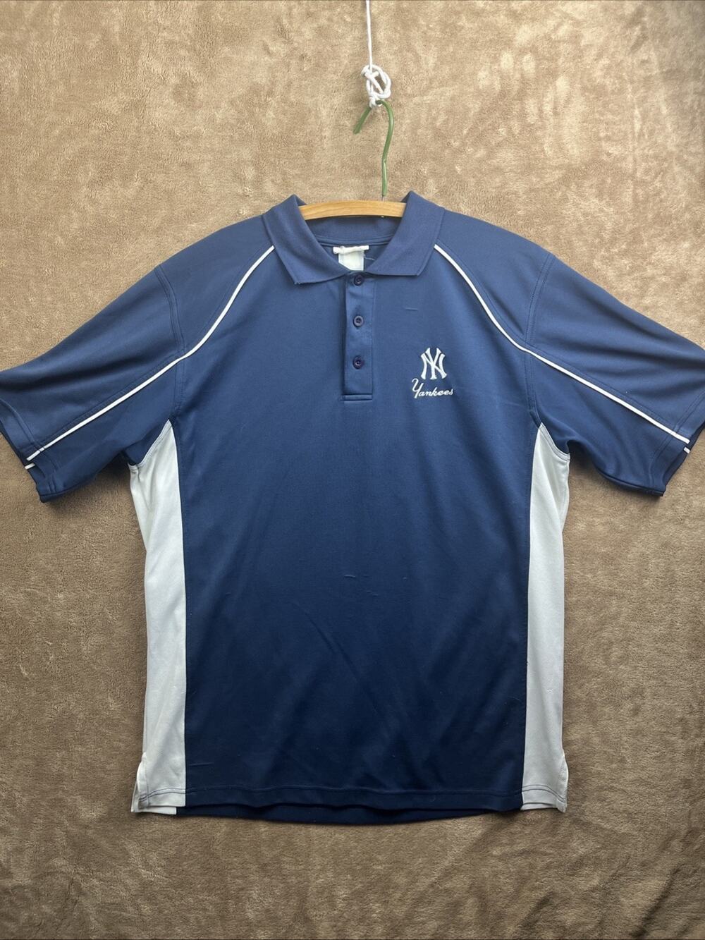 MLB New York Yankees Polo Shirt Mens L Blue White Piping Mesh Side Logo